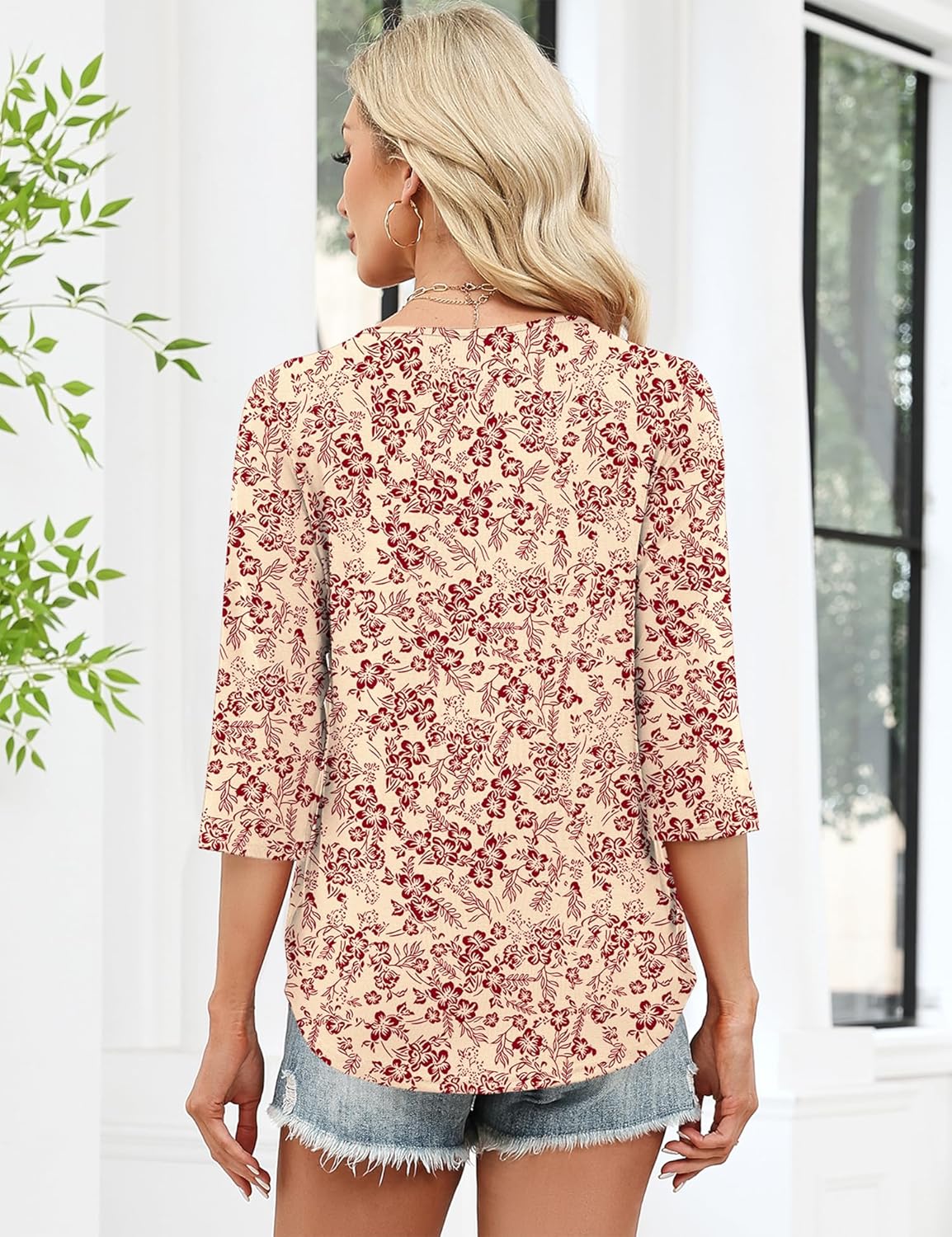 LOMON 3/4 Length Sleeve Womens Tops Dressy Casual Henley V Neck Blouses Loose Fit Tunics 2026 Trendy Summer Outfits - Image 5