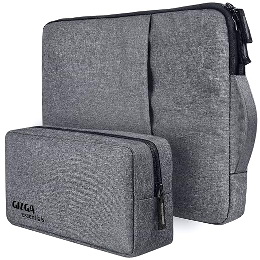 Gizga Essentials 14.1 Inch Laptop Sleeve Case Cover Bag with Extra Pouch, Front Pocket & Handle| Slim & Water-Resistant Nylon Fabric with Shockproof Foam Padding, Soft Lining & Premium Zipper (Grey)