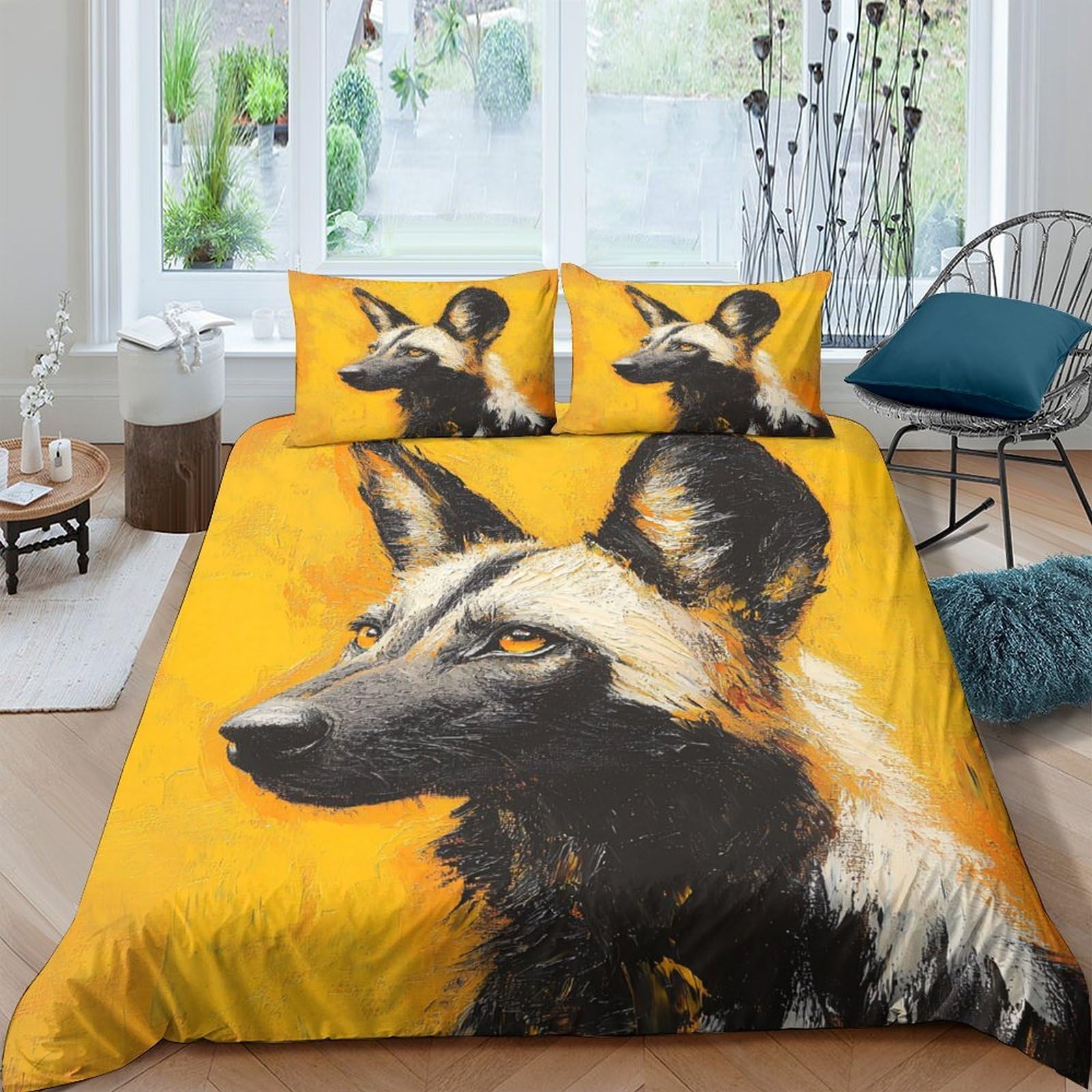Ctjqhvkz Style-3 3D Printed African Wild Dog Fitted Sheet Microfiber Yellow Artistic Bed Cover For Bedroom Guest Room Dorm Mattress Decor Single（135X200cm）
