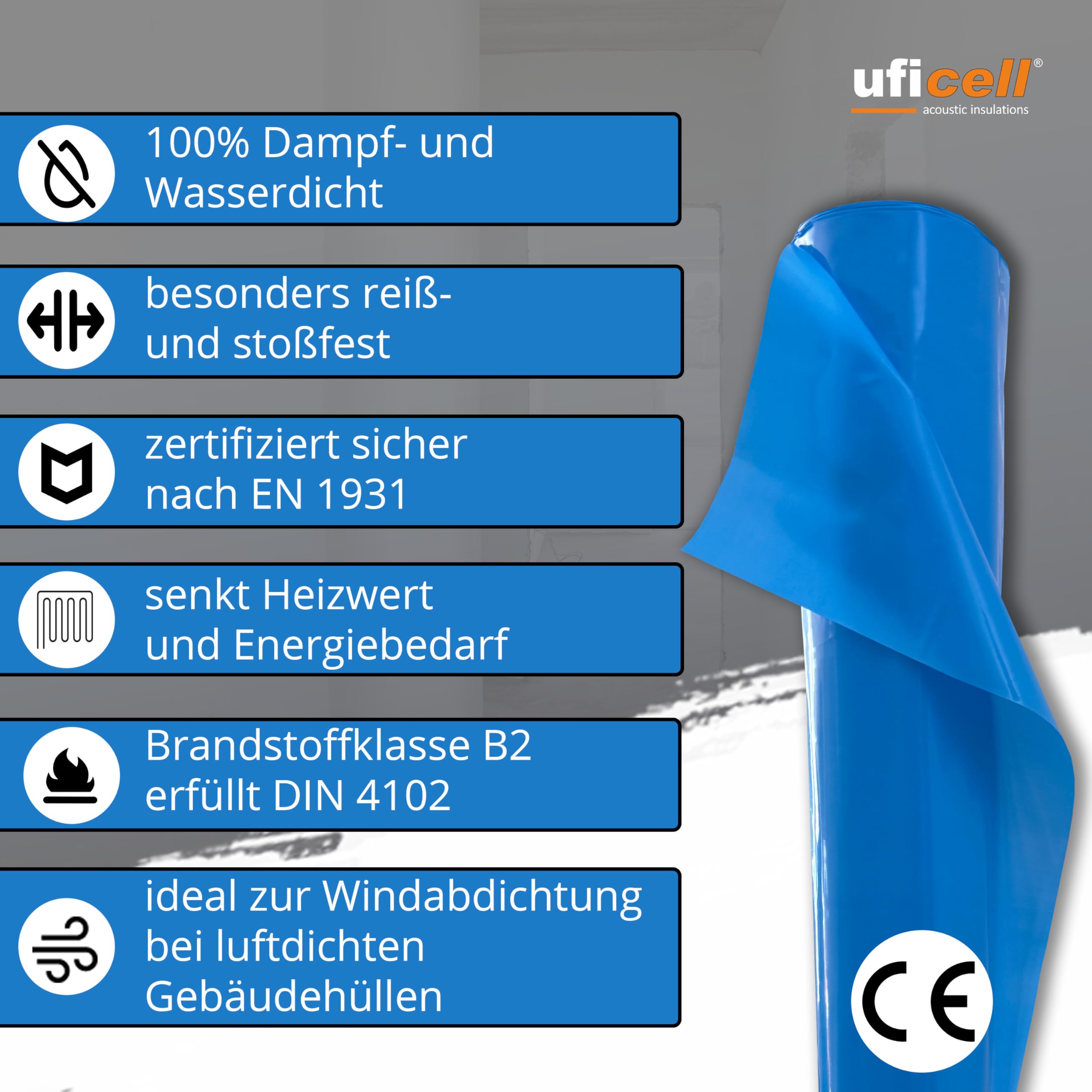 uficell Aqua-Stopp Dampfsperrfolie Blau 2 x 25 m = 50 qm Rolle Baufolie Estrichfolie PE-Folie Dampfsperre 0,13 mm Stark unter Laminat- und Parkettböden bei erhöhter Restfeuchte (50 m² - 25 x 2)