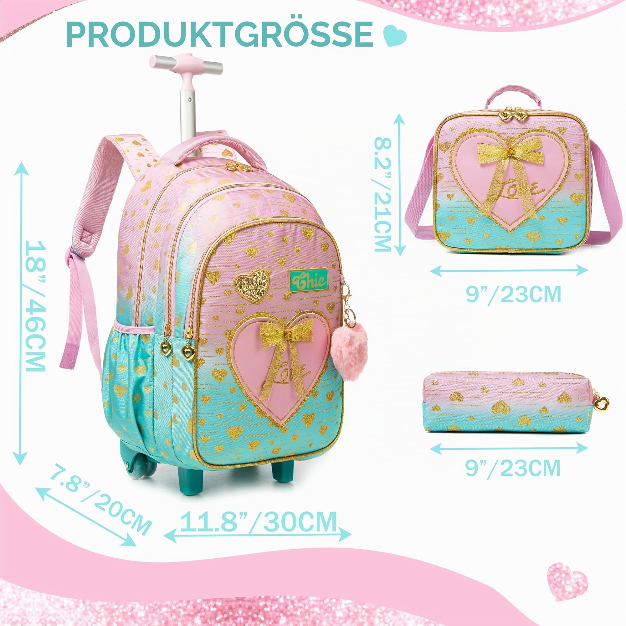HTgroce Schulranzen mit Rollen für Mädchen, Kinderrucksack mit Rollen Trolley Schulrucksack für Mädchen,Schultrolley Rucksäcke Kinder Schulrucksack Schultasche mit Rollen ab 7 jahren