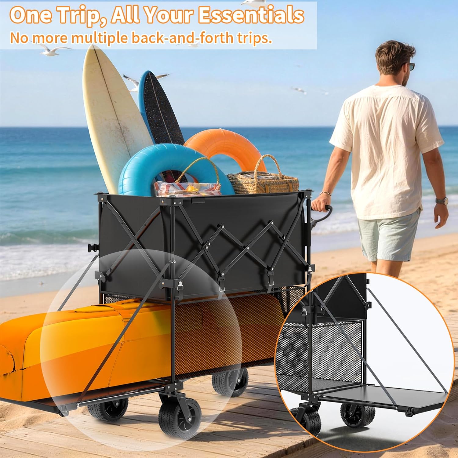 480L Double Decker Wagon, 58 L Extended Foldable Utility Cart with Tailgate, Big All-Terrain Wheels with Brakes, 520lbs Heavy Duty Collapsible Wagon for Camping Beach Sports Grocery Pets