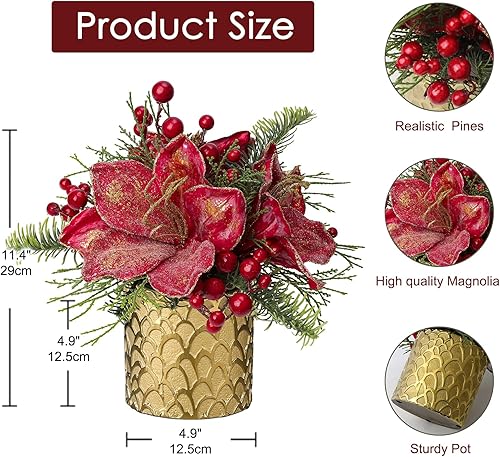 Miniatura 8 de Briful Árbol de Navidad de 11.4 pulgadas, arreglo de Navidad artificial grande en maceta con pino blanco nevado y magnolia flores de Navidad para