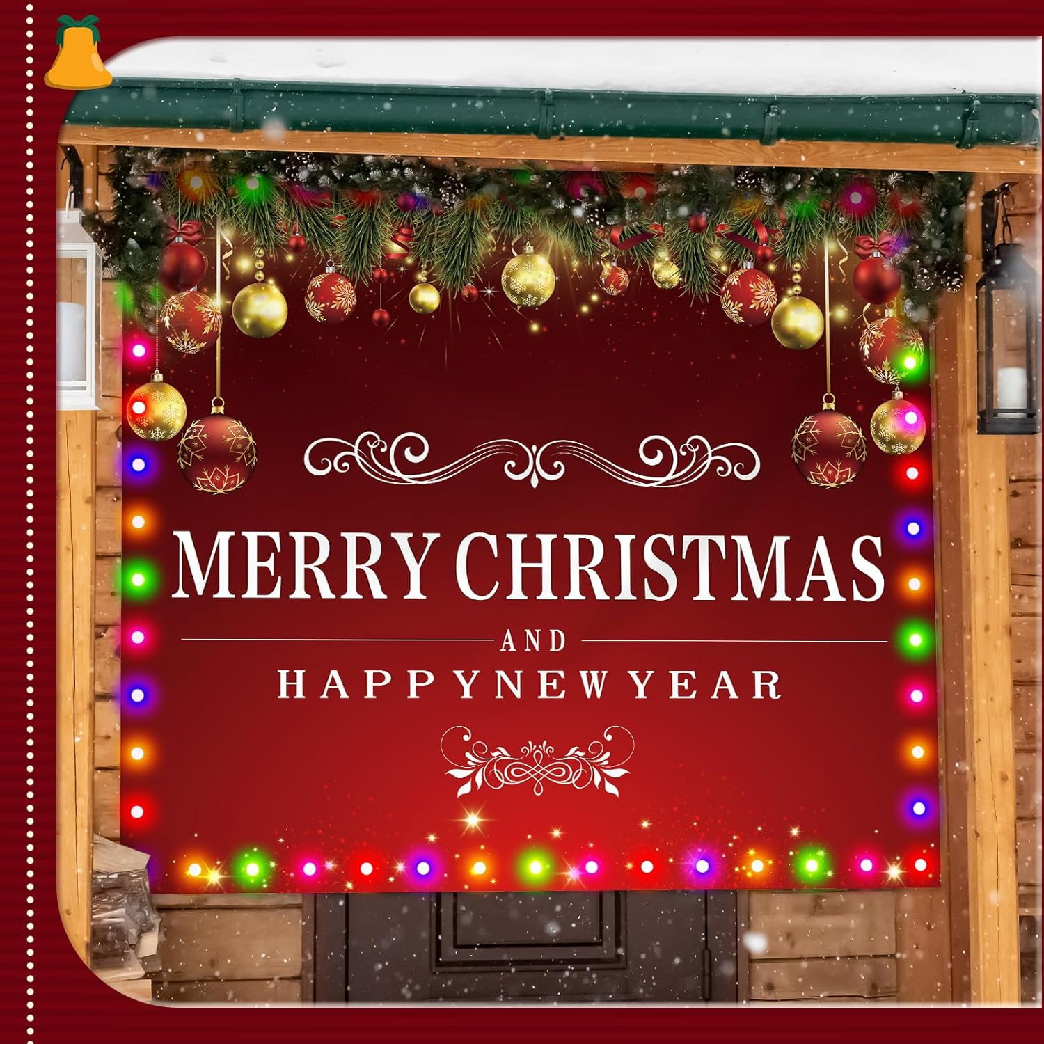 VitalCozy Christmas Garage Door Cover with LED String Light 7x8ft Red Large Xmas Garage Door Banner Backdrop Decoration Outdoor Lighted Merry Christmas Happy New Year Holiday Party Mural Cover Decor