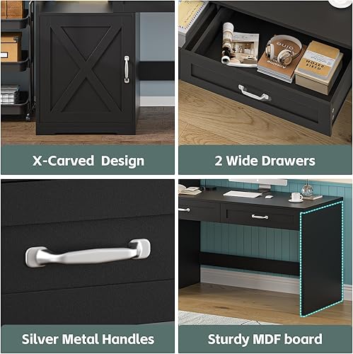 Miniatura 7 de Escritorio de computadora de 60" con 2 cajones y estanterías, escritorio para oficina en casa con gabinete de almacenamiento y amplio escritorio