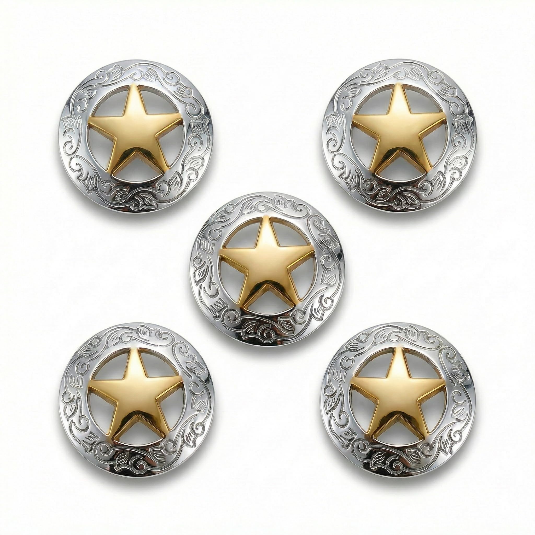 5 szt. Conchos do rękodzieła skórzanego srebrne grawerowane gwiazdki westernowe guziki siodłowe ze śrubami złoty odcień gwiazdki guziki akcesoria do pasków, toreb, czapek, 5 szt