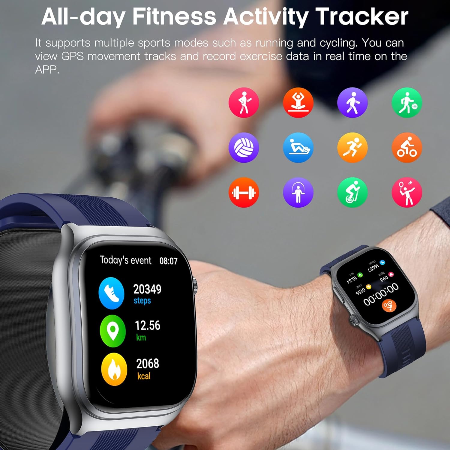 Smartwatch and app displaying all-day activity tracking data