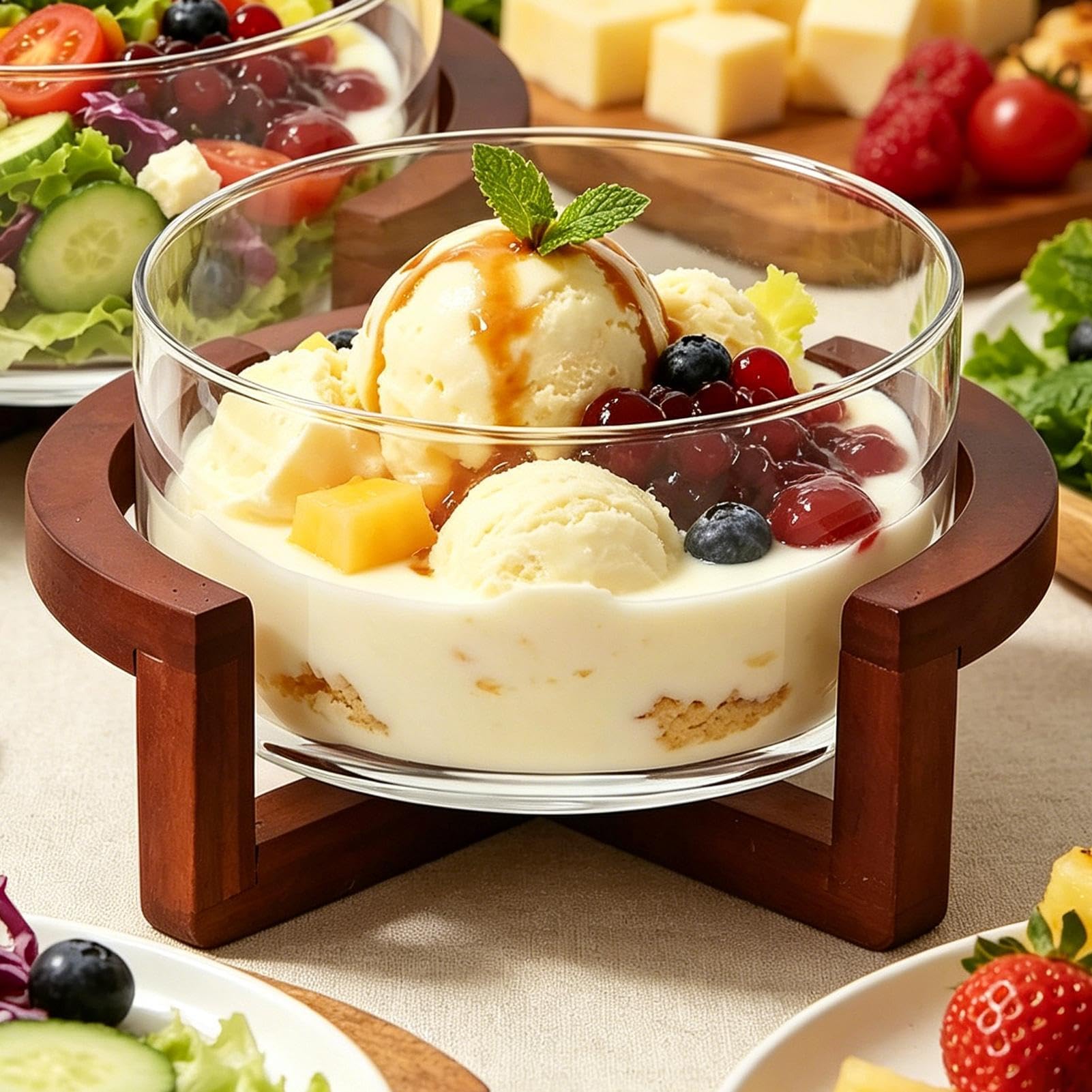 Générique Verre Saladier Grand 1800 ml alimentaire avec Base en Bois | Bol Transparent Décoratif pour Service de Pâtes Fruits Légumes Desserts Apéritifs en Réunion Familiale