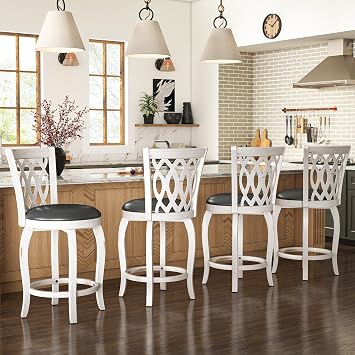 24" Bar Stools Set of 4, Counter Height Swivel Barstools for Kitchen Island, Farmhouse Barstool Chair with Back and Footrest, Upholstered Wood Barstools, White