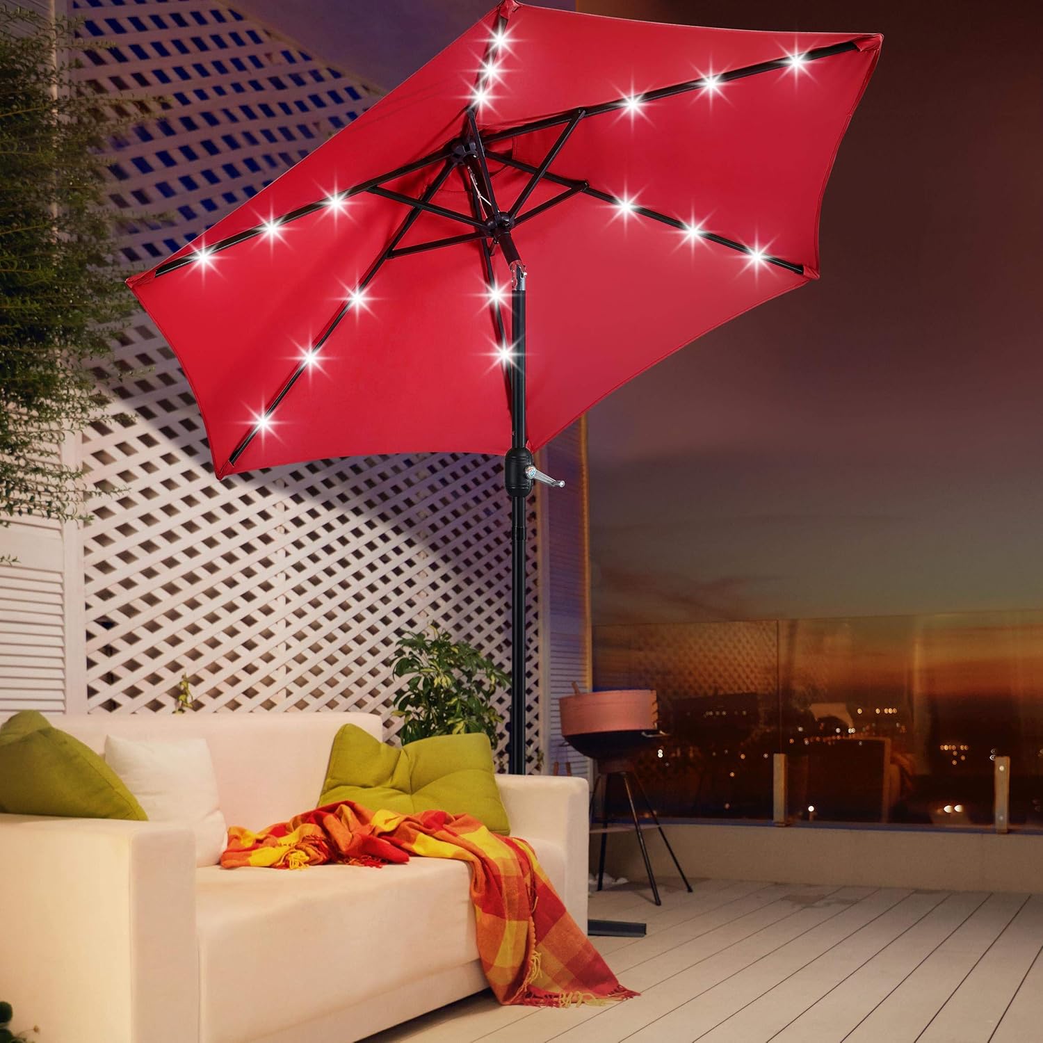 Yaheetech 7.5FT LED Patio Umbrella with Base Market Umbrella Solar Powered Outdoor Table Sunshade All Weather Base Stand for Garden/Lawn/Deck/Backyard/Pool Red
