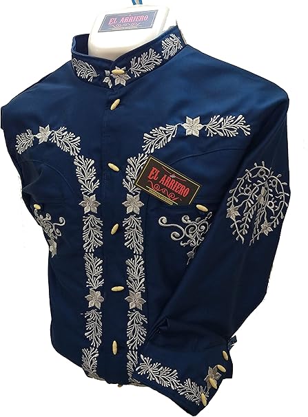 Camisa charra bordado plata premium cuello mao manga larga hombre mariachi 15 septiembre