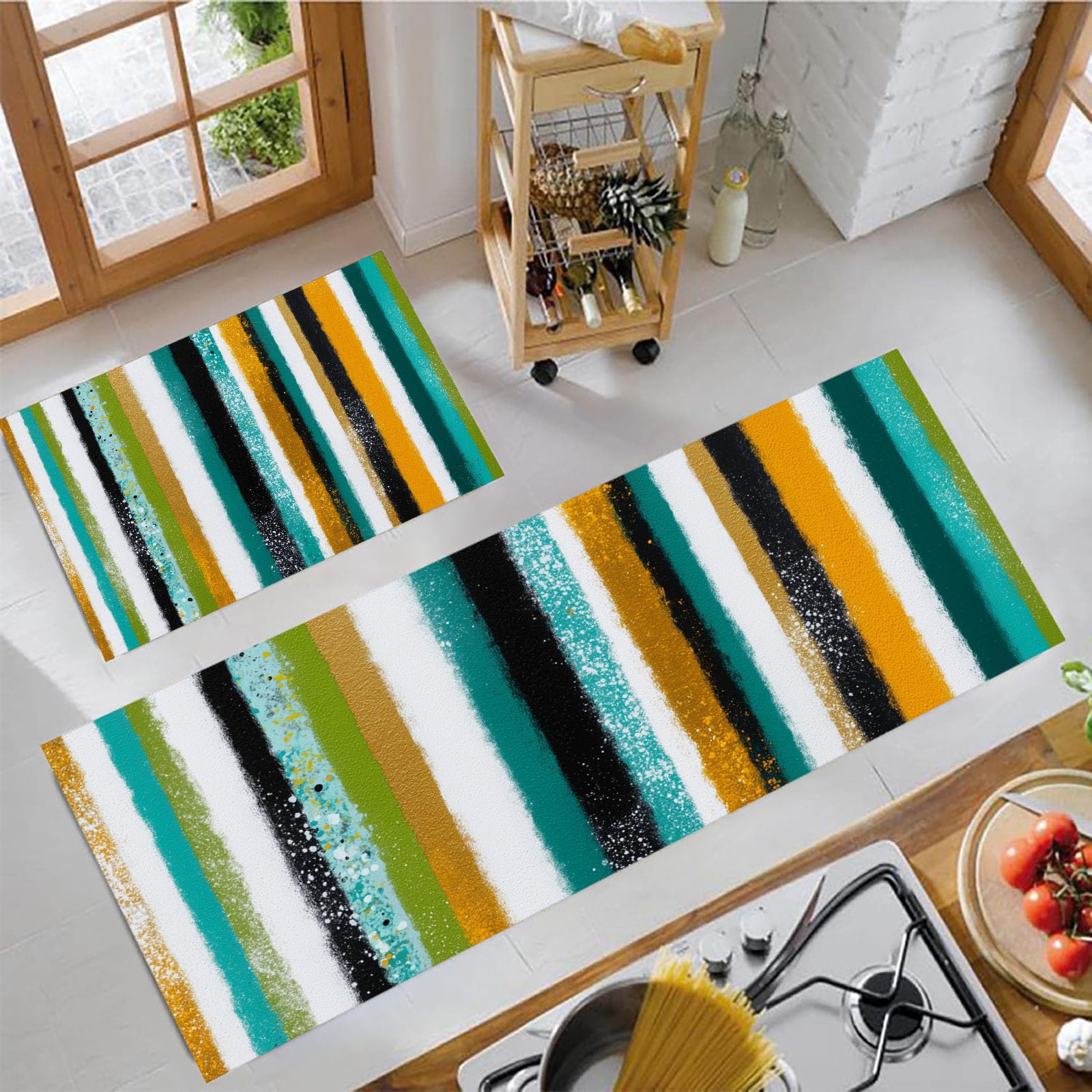 Tapis de cuisine géométriques rétro imprimés peints à la main en turquoise