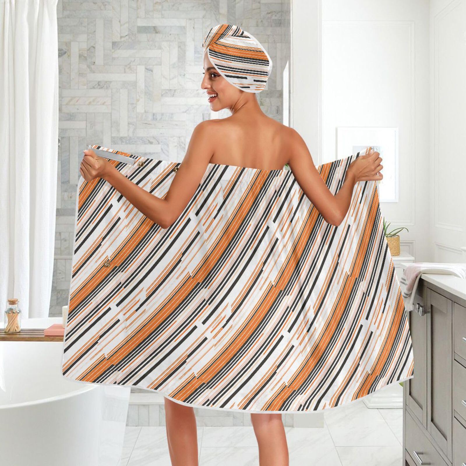 Black Oringe Stripe ręcznik do spa dla kobiet 3 zestawy regulowany szybkoschnący ręcznik do owijania ciała dla kobiet spa, szlafrok + suszenie włosów + opaska na głowę
