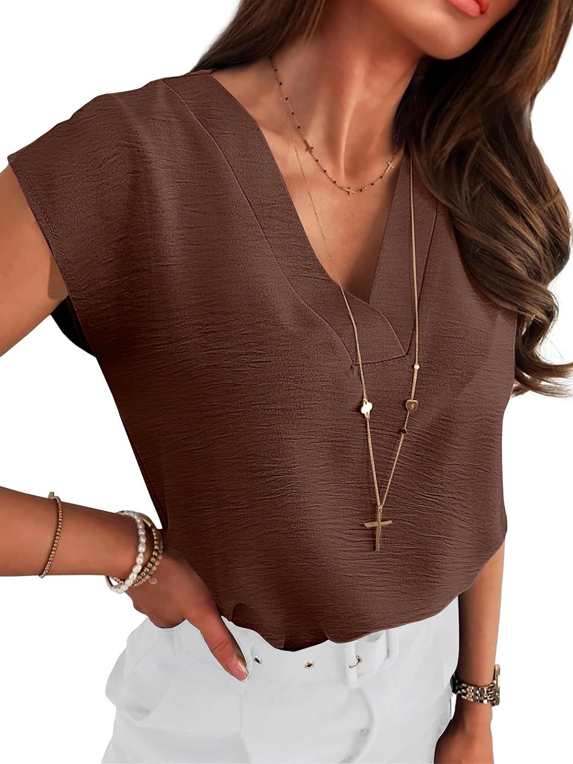 ANRABESS V Neck Blouse, Cap Sleeve Work - Image 7