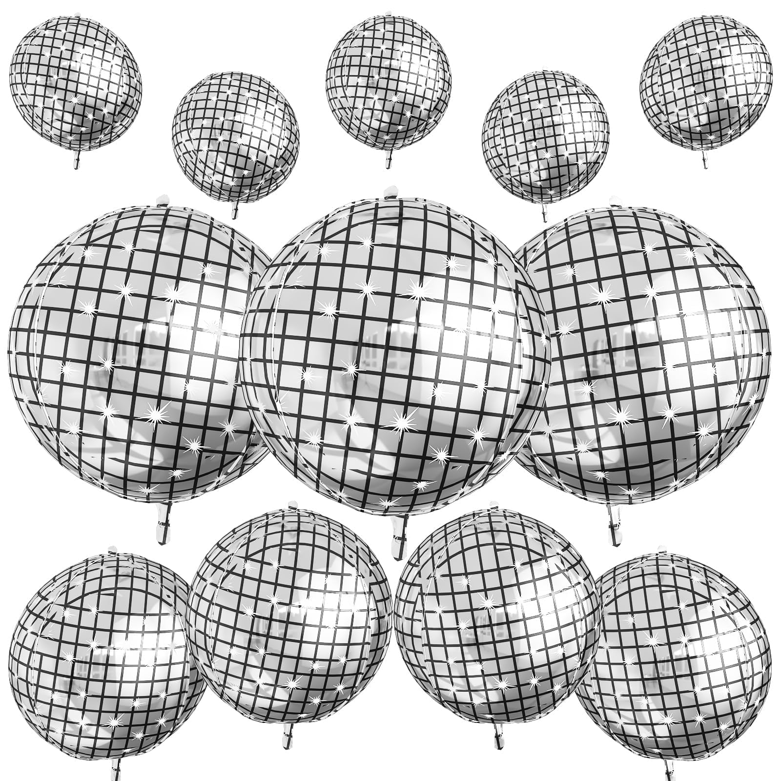 12Pcs Disco Ball Balloons, 22" 15" 10" 4D Aluminum Foil Balloons, Metallic Silver Disco Balloon for Birthday Bachelorette Disco 70s 80s 90s Themed