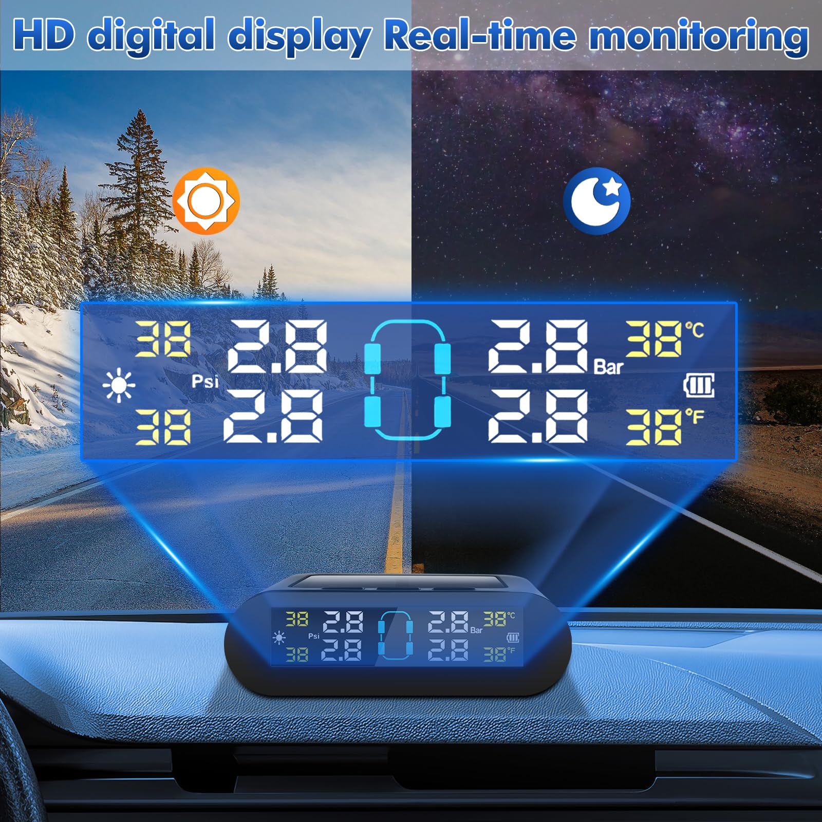 TPMS Sistema di monitoraggio della Pressione degli Pneumatici Solare Senza Fili e con Doppia Ricarica USB 5 modalità di Allarme 4 sensori Pressione Pneumatici, per Caravan Auto 0-3,5Bar Gamma