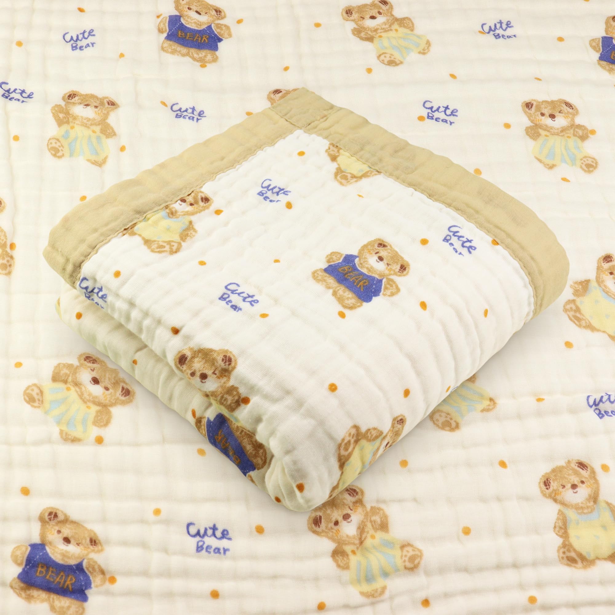 Hivia Beige Babydecke 6 Schichten 110x105 cm Baumwolle Geschenk Teddybär | Weich, atmungsaktiv, leicht. Vielseitig: Wickeldecke, Badetuch, Spucktuch. Sommerlich, kuschelig, hochwertig.