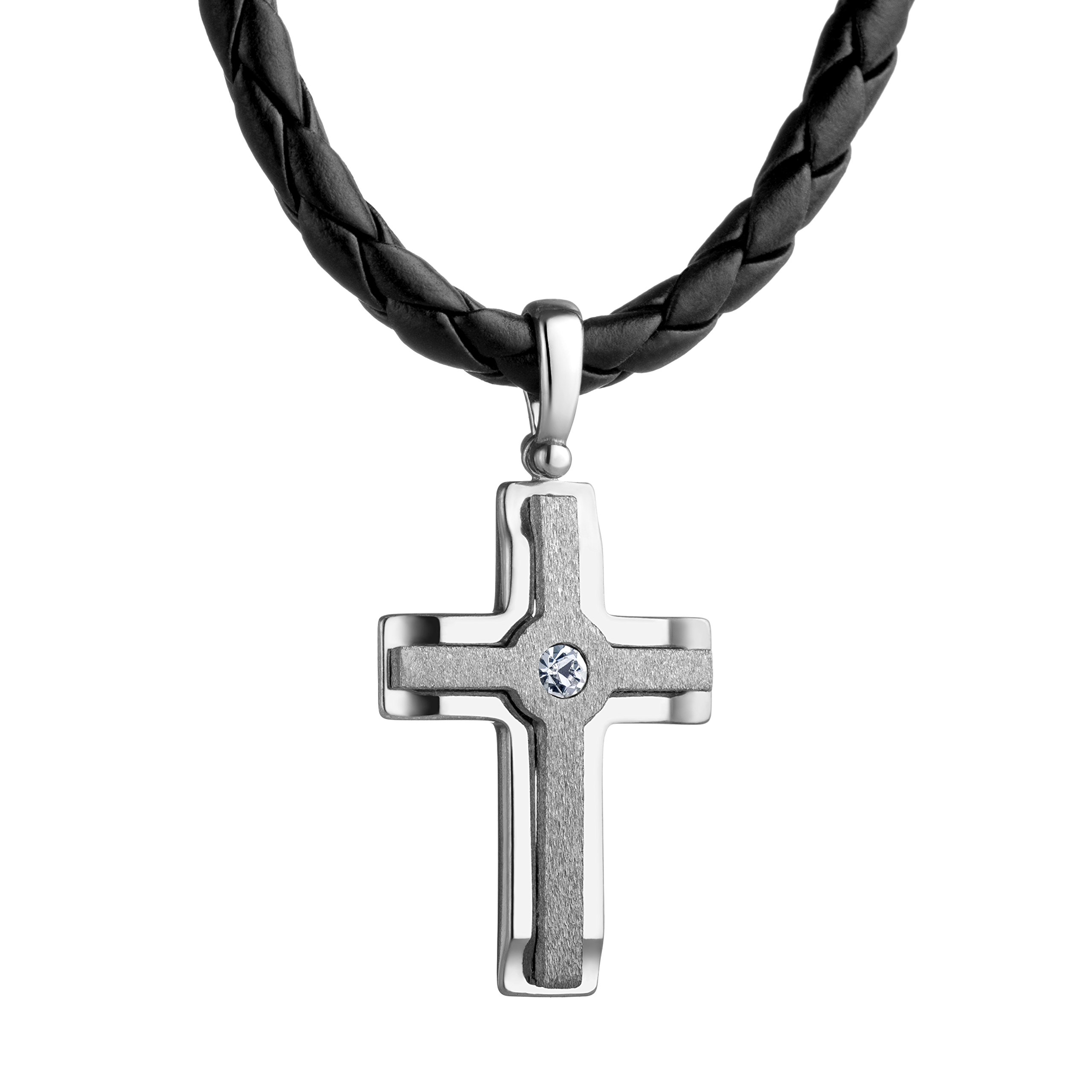 Sterll Collar de cadena de cuero negro para hombre, colgante de cruz, plata 925, regalo para hombres