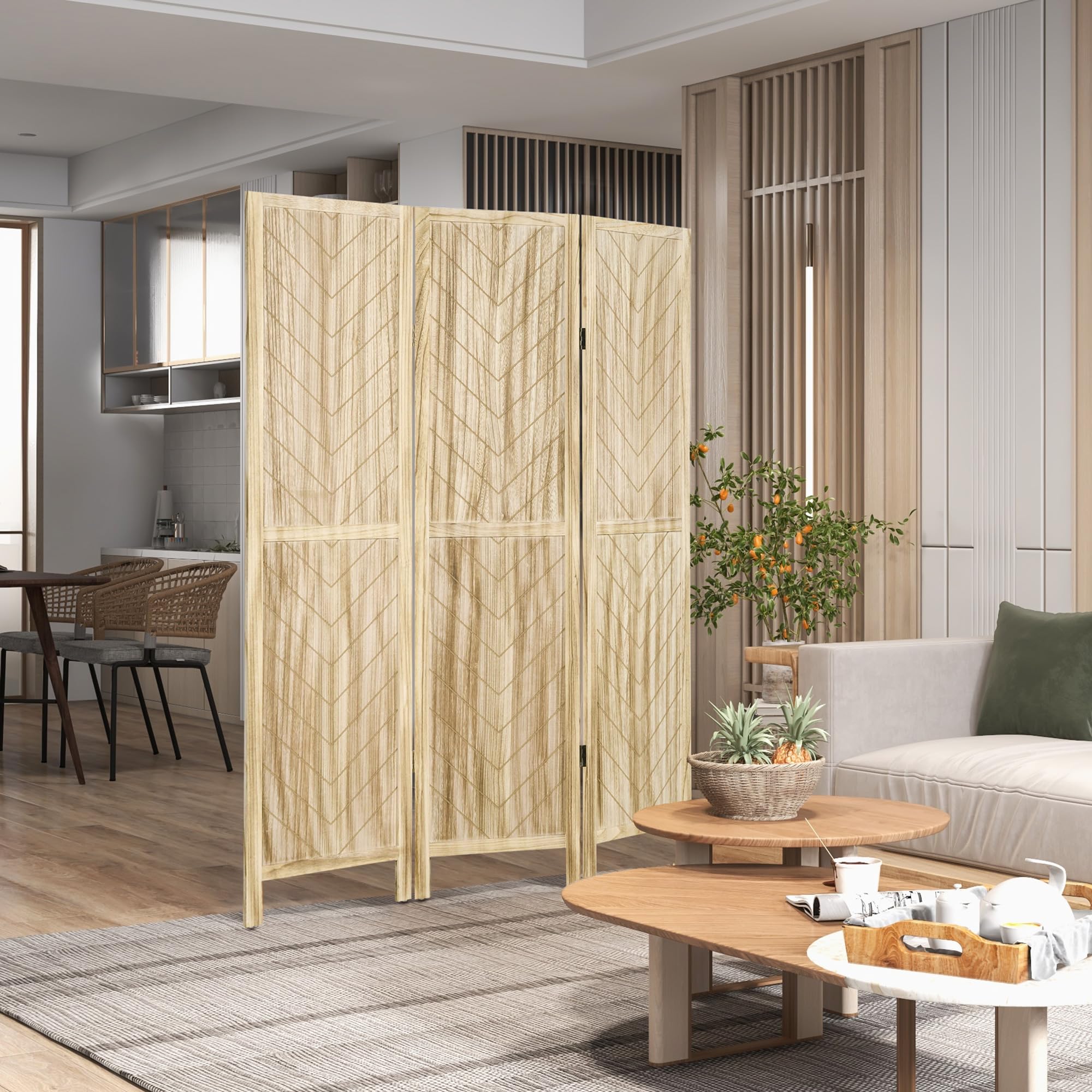 HOMCOM Paravento da Interno 3 Pannelli Pieghevole 120x170 cm Color Legno | a Spina di Pesce, Separé Divisorio Interno, in Legno