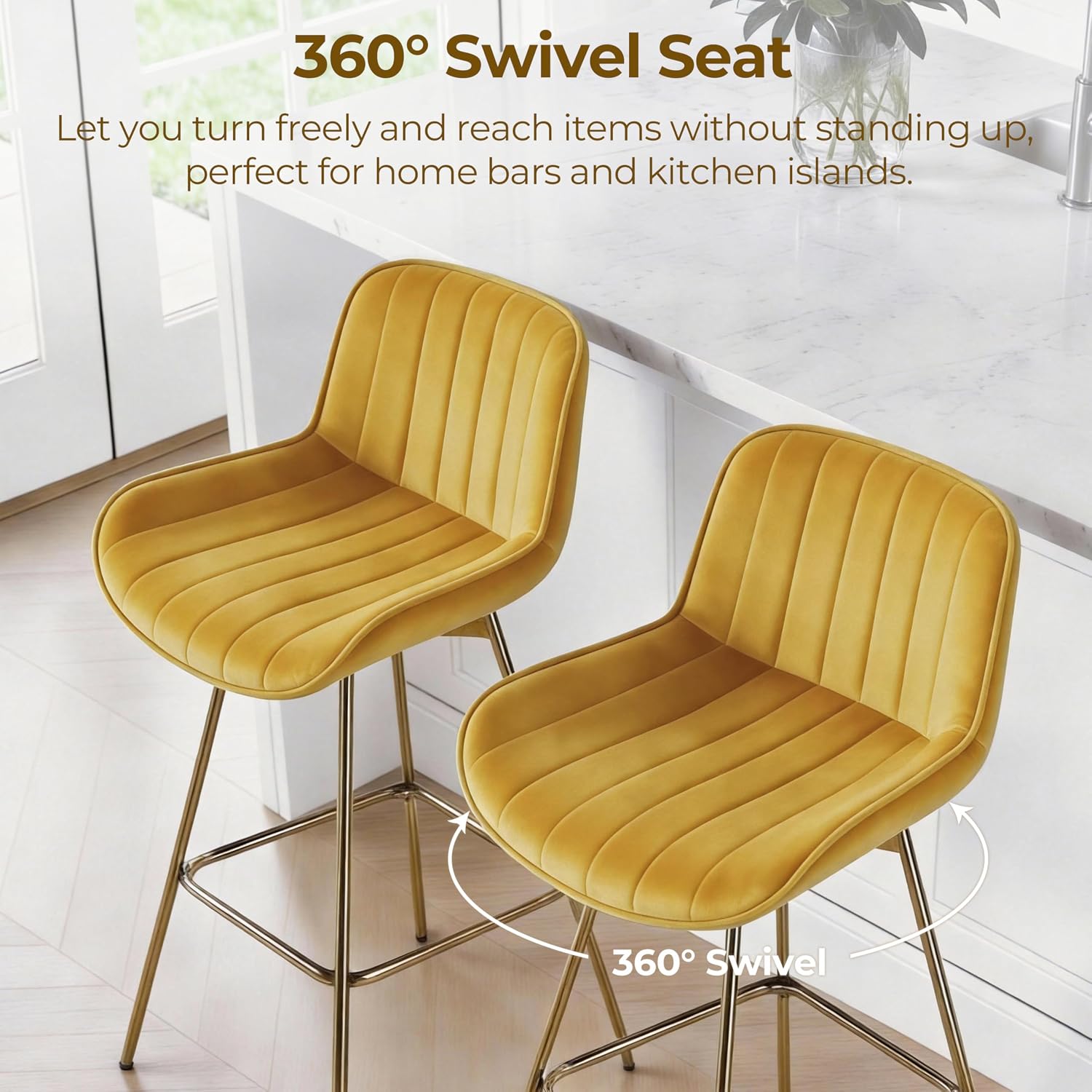 Zouron Swivel Bar Stools Set of 2 for Kitchen, 29" Bar Height Chairs with Back Tall Barstools Velvet Kitchen Island Stools with Gold-Plated Metal Legs, Golden Yellow