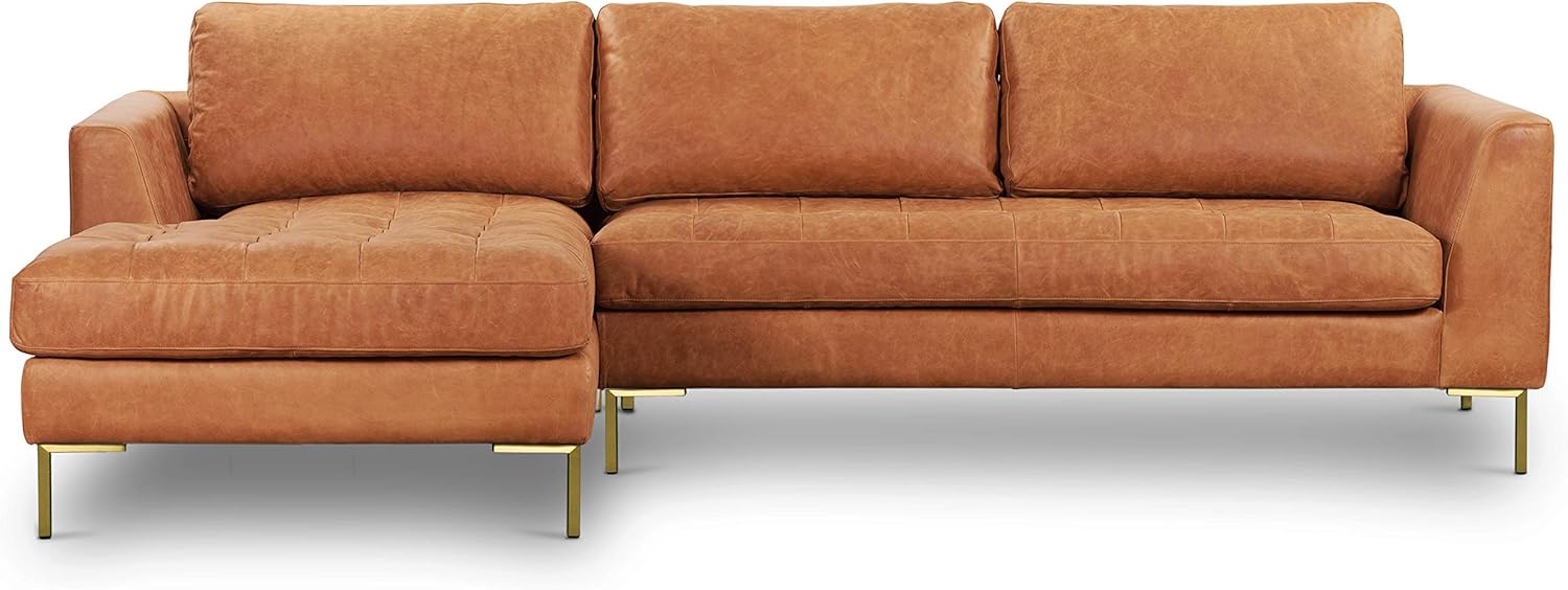 Poly & BARK Calle Left-Facing Sectional in Full-Grain Pure-Aniline Italian Tanned Leather in Cognac Tan and Brass Legs