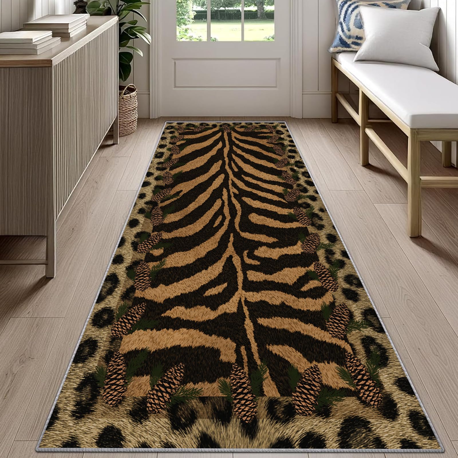 Rustic Cabin Zebra Print Runner Rug for Hallway 60x120cm Tiger Stripe Print Carpet Runner, Cheetah Long Narrow Rug, Washable Non-Slip Carpet for Kitchen Hallway Laundry