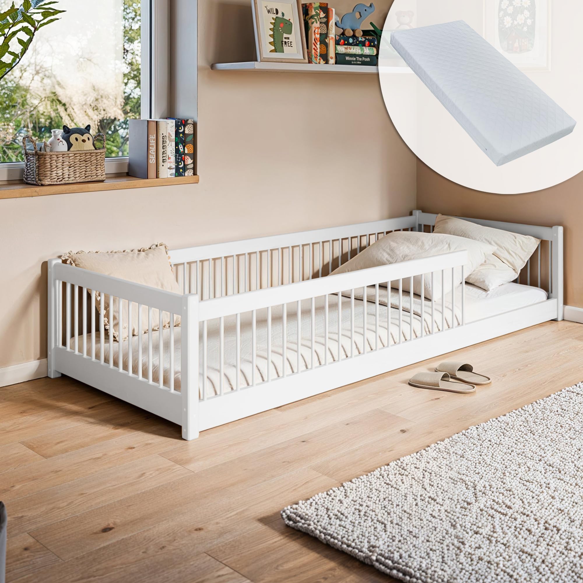 Letto a terra per bambini 90x190 cm con protezione anticaduta e rete a doghe Letto Montessori Letto a sponde Letto per bambini e ragazzi Letto singolo | Cioccolato fondente | dai 3 ai 12 anni