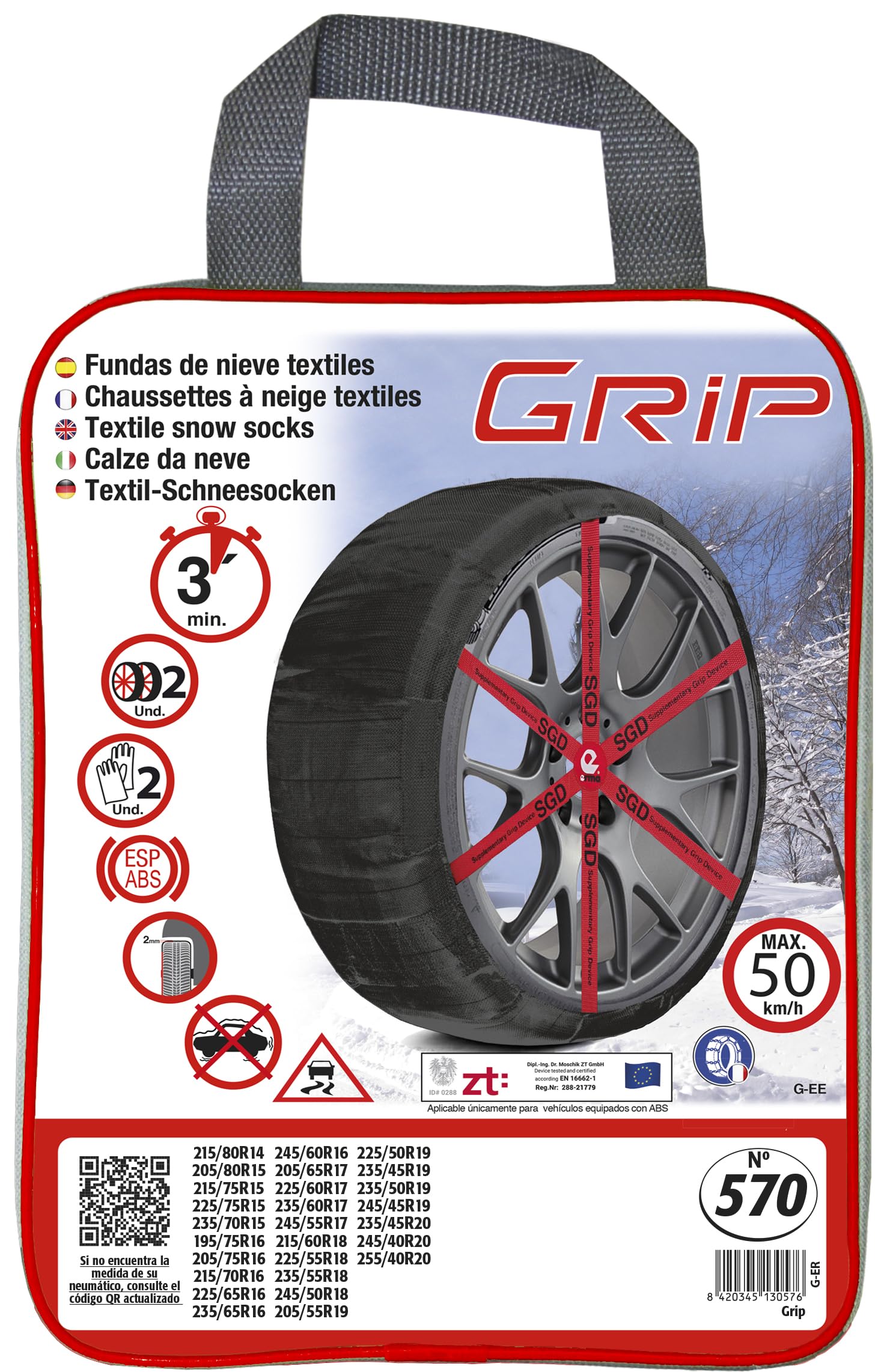 Grip Lot de 2 chaînes à Neige en Textile, Taille n° 570, Gants Inclus