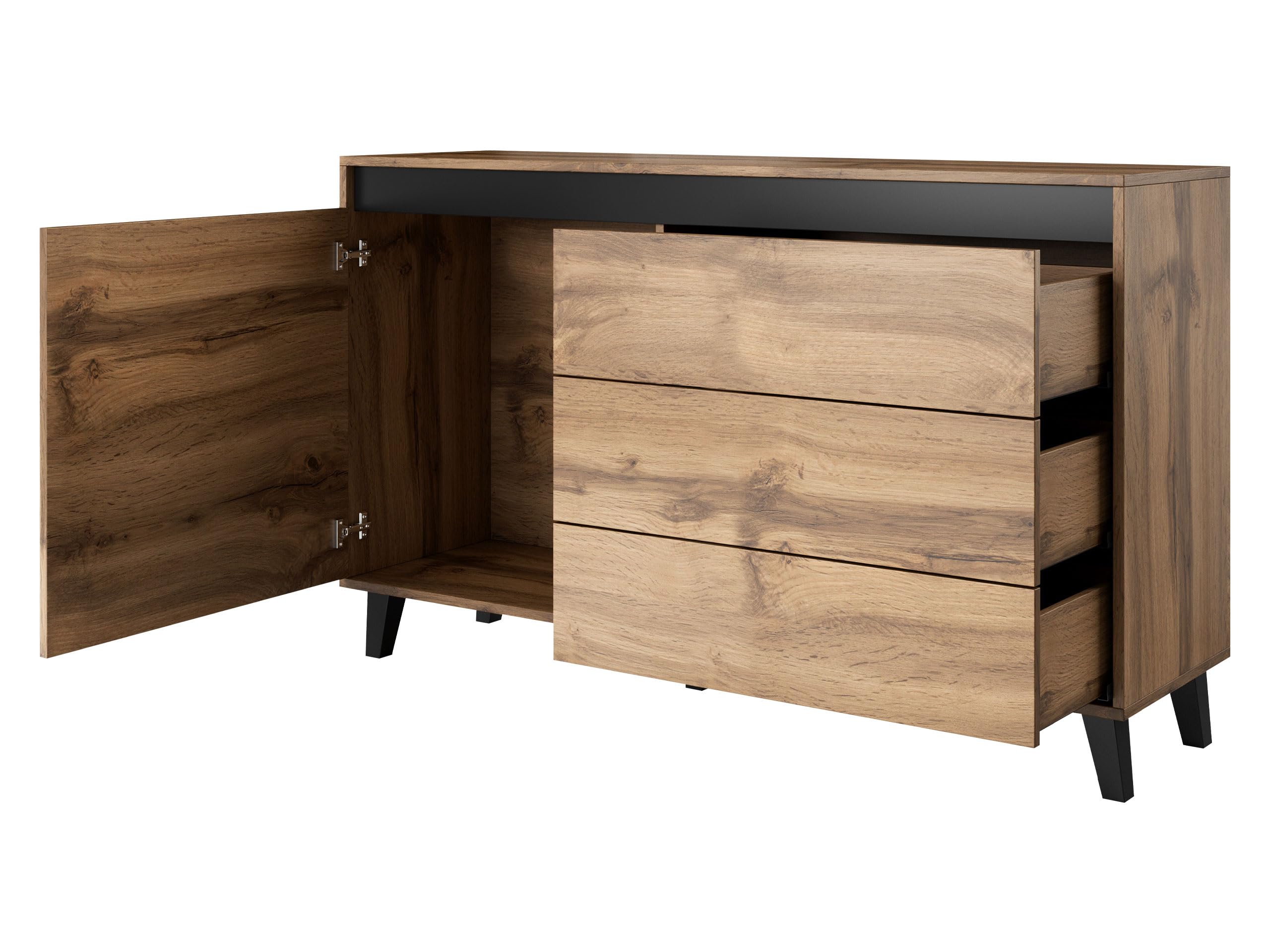 Mirjan24 LOUNGITUDE - Martin - Buffet 1 Porte - 3 tiroirs - Bois/Noir - L138 x P38 x H83cm