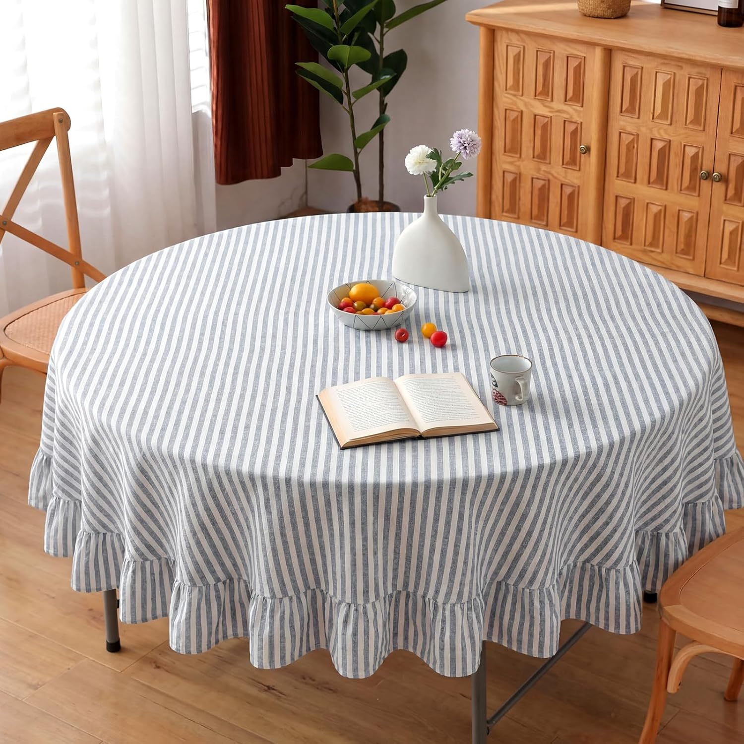 Boao Cotton 52 x 70 Inch Farmhouse Ruffle Tablecloth Blue White Striped Flounces Trim Table Cover for Rectangle Table Kitchen Party Wedding Decor