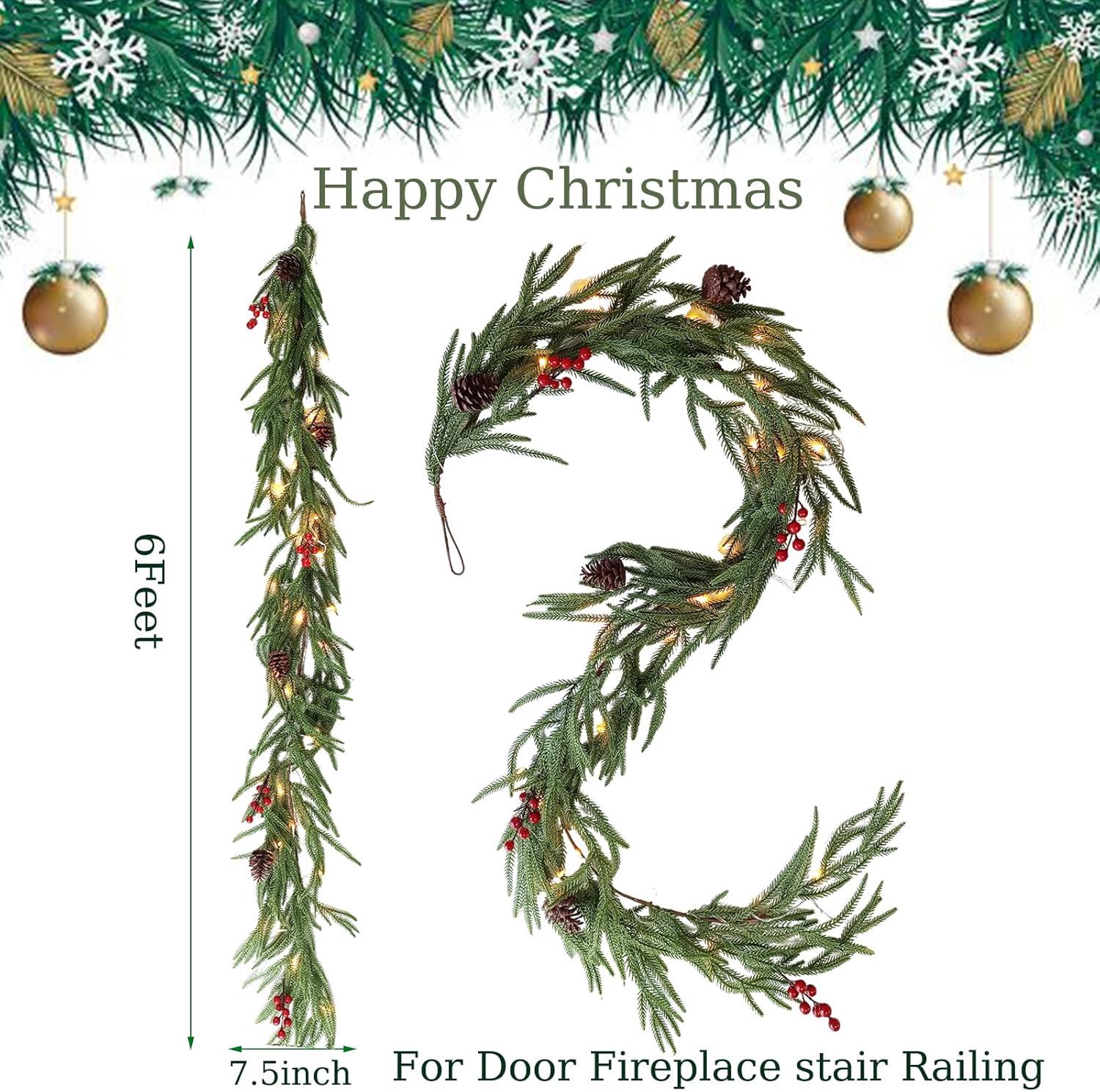 6 Ft Prelit Christmas Garland with Lights - Artificial Norfolk Pine Garland - Home Decor Mantle Fireplace Door Porch Xmas Decorations Indoor Outdoor