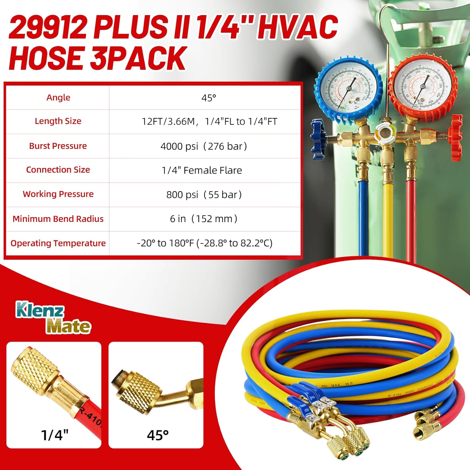 2026 Upgrade 12FT Plus II 1/4” HVAC Hose with Compact Ball Valve, 144" (12FT), Extended Refrigerant Hose with Standard 1/4" Flare Fittings, for R-22/R-410A/R-134A, Yellow/Red/Blue (3-Pack)