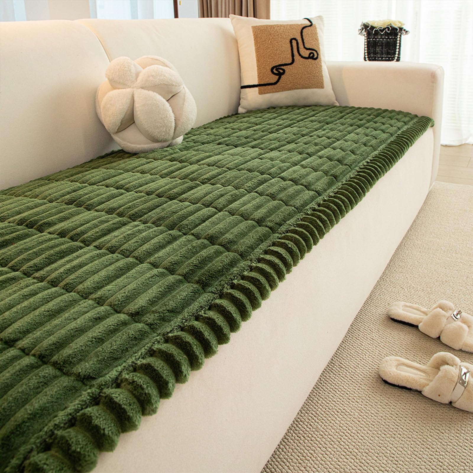 Pet Striped Couch Seat Covers, Thick Soft Plush Non Slip Fuzzy Sectional Dogs Mats Multifunctional Sofa Slipcover for 3 Cushion Dark-Green 80x160cm/31.5x63in