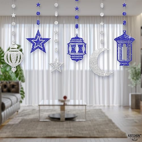 Miniatura 7 de KatchOn, Pancarta de feliz Ramadán plateado y azul  6 cuerdas, sin bricolaje  Decoración de luna de Ramadán para decoraciones colgantes de Ramadán