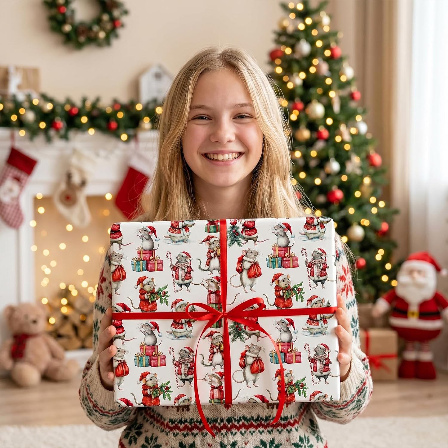 RUSPEPA Vintage Santa Mouse Wrapping Paper Roll, Mini Roll, Retro Santa Mice with Hats & Candy Cane Design, Funny Rat Gift Wrapping Paper for Kids, Family, Christmas, Holiday, 17 Inches x 16.4 Feet image 5