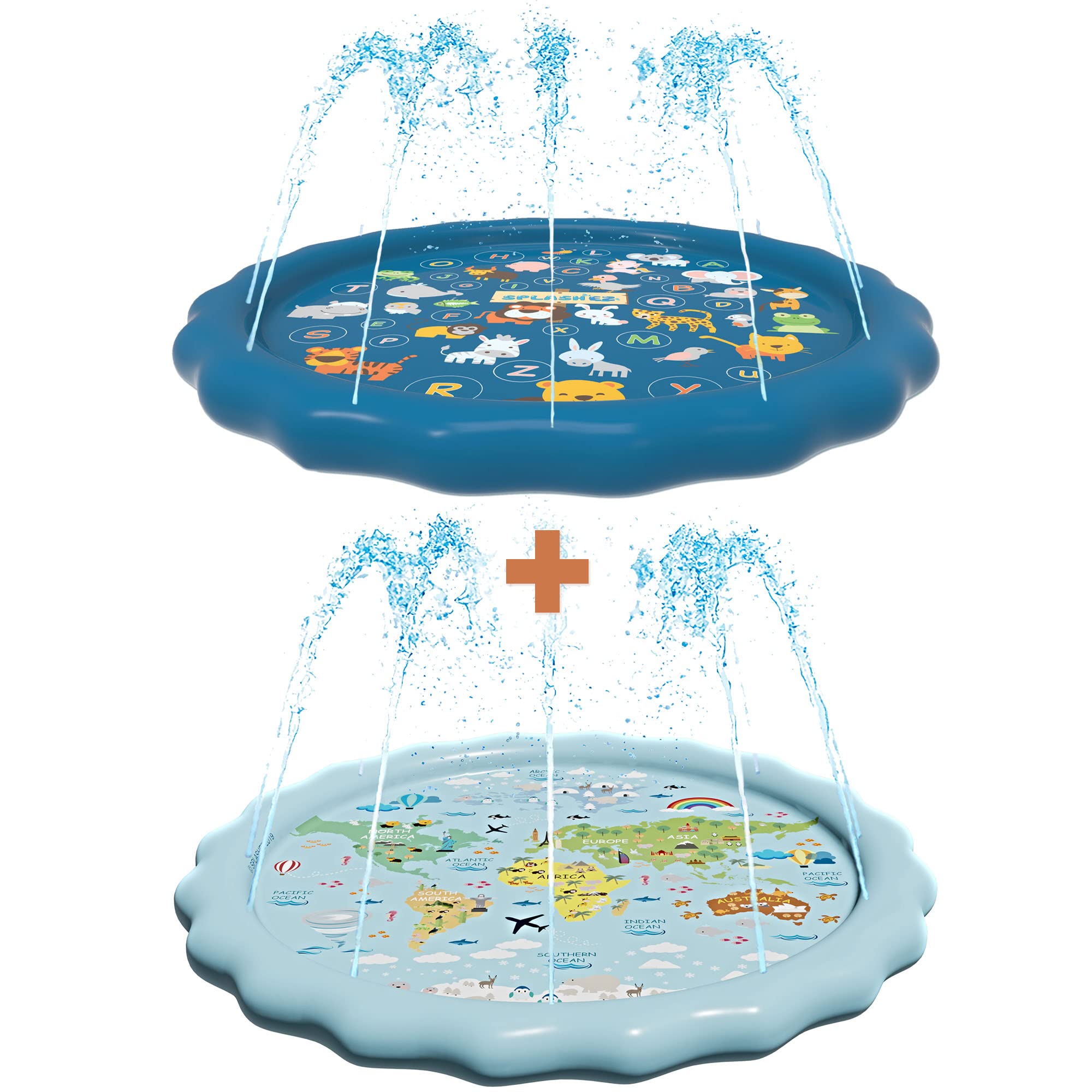 SplashEZ 2 Splash Pads Sprinkler for Kids and Baby Pool for Learning Toddler Sprinkler Pool, 60'' Outside Water Toys - Alphabet & Around The World Bundle