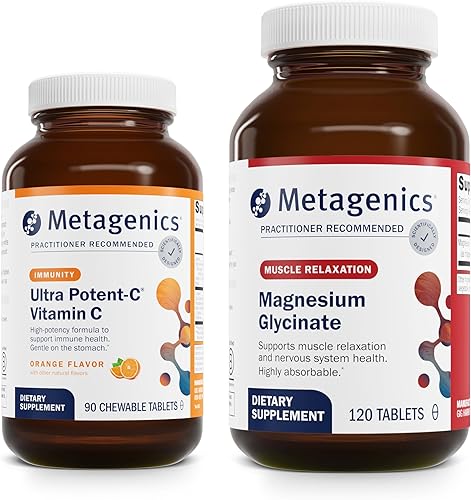 Metagenics Paquete  Ultra Potent-C masticable y glicinato de magnesio  90 tabletas de Ultra Potent-C masticables para apoyo inmunológico y