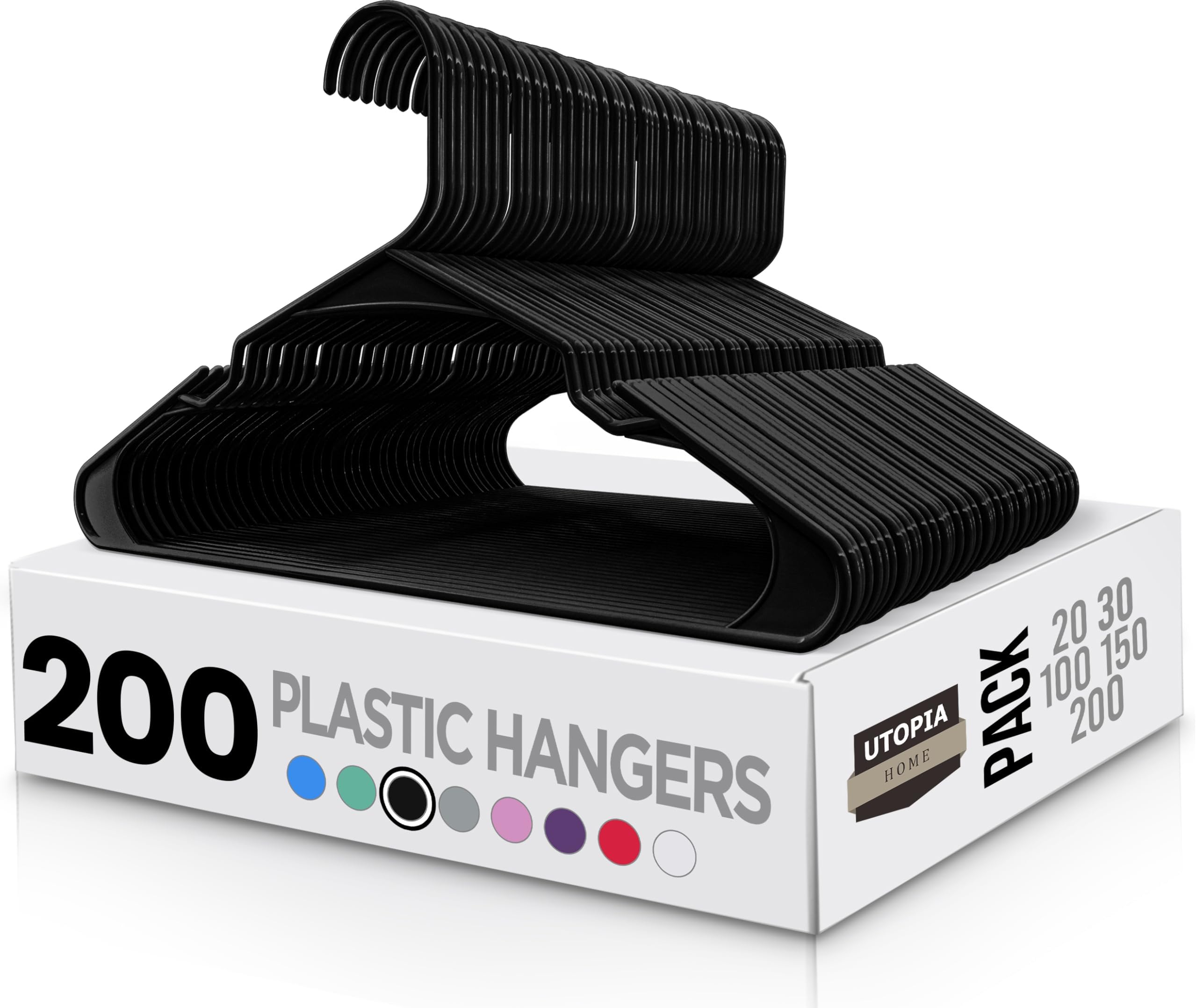 Utopia Home 200 Pack Plastic Hangers Space Saving, Durable Hanger with Shoulder Grooves, Black