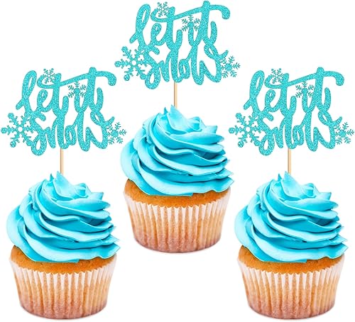 Ercadio Paquete de 24 adornos de copo de nieve Let it Snow para cupcakes con purpurina azul Let it Snow Cupcake Picks Winter Snowflake Frozen Cake