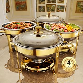 KScocina 4-Pack 5QT Round Chafing Dishes Buffet Warmer Set, Golden Stainless Steel for Parties & Catering Events