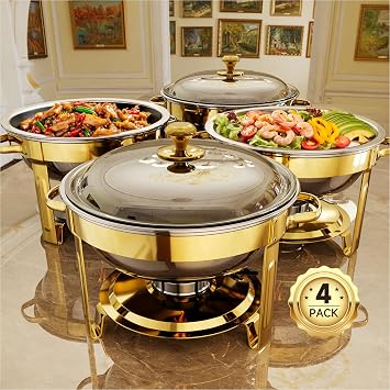 Chafing Dishes for Buffet, 4 Pack 5QT Round Stainless Steel Chafing Dish Set for Home Parties, Christmas Gatherings, Catering Events Complete Buffet Warmer Set Golden 4
