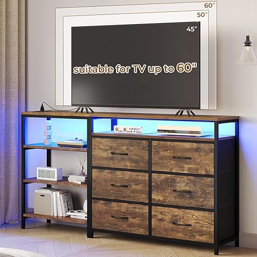 Miniatura 9 de BTHFST Mueble de TV para dormitorio con tomas de corriente y luces LED para TV de 60 pulgadas, centro de entretenimiento en forma de L Blanco,Marrón