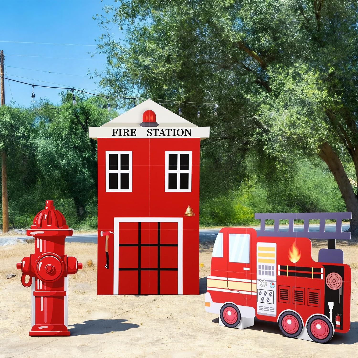 3 Sets Firetruck Birthday Decorations Firefighter Party Decorations Large Fire Truck Party Supplies with Firetruck Hydrant Fire Station for Fireman Firefighter Birthday Favors Photo Backdrop