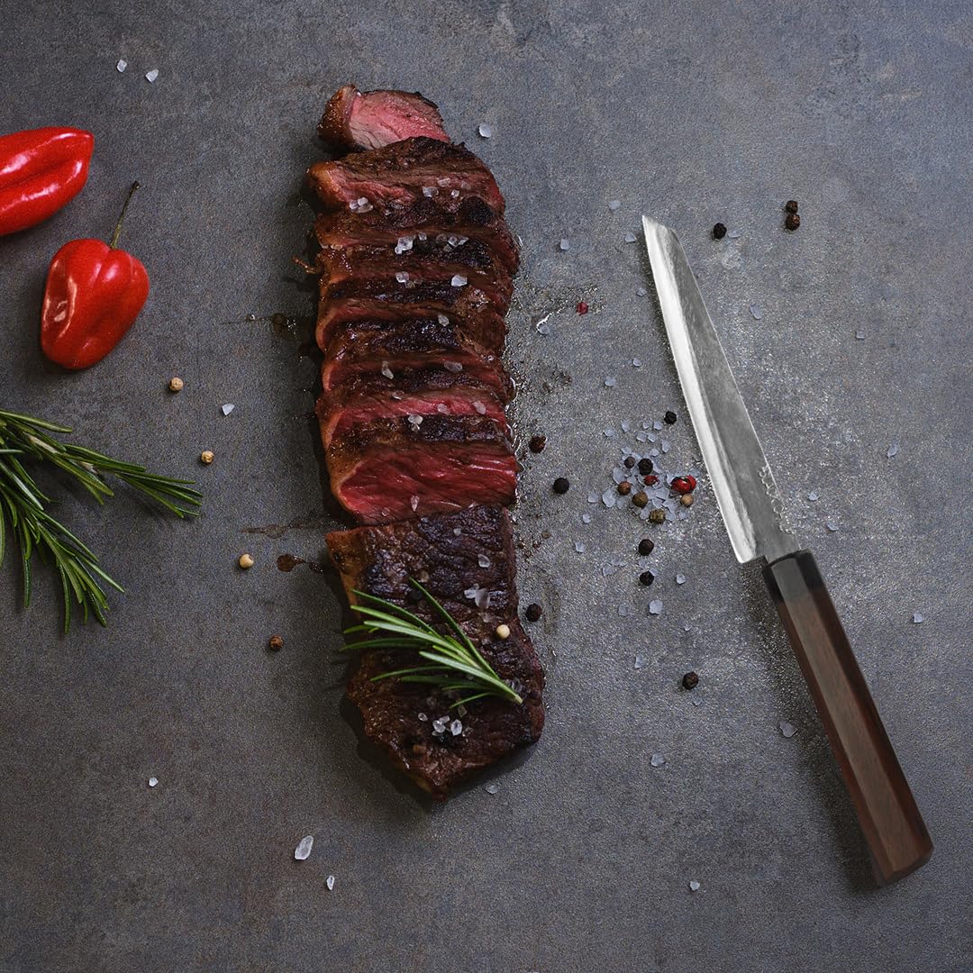 Steakmesser für Steak, Fleisch, Geflügel und Schinken | Griff: Eisenholz | 12 cm Carbonstahl Klinge | BBQ Messer für Fleisch | Grillmesser mit glatter Klinge | SCOTCH-BONNET-12