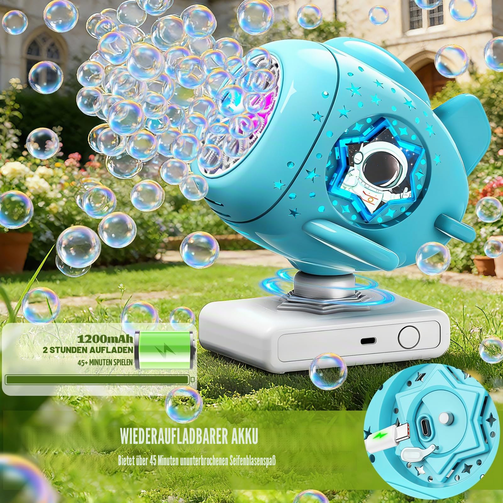 Sitodier wiederaufladbare Seifenblasenmaschine, um 360° drehbares Seifenblasenspielzeug mit Licht, Seifenblasenmaschine in Raumschiff-Form für Kinder und Kleinkinder, Geburtstag, Party, Hochzeit