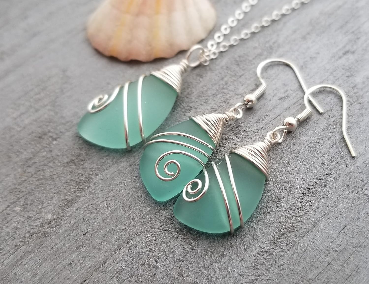 Handmade In Hawaii, Wire Wrapped Sea Glass Necklace and Earrings Set, Birthday Gifts For Women