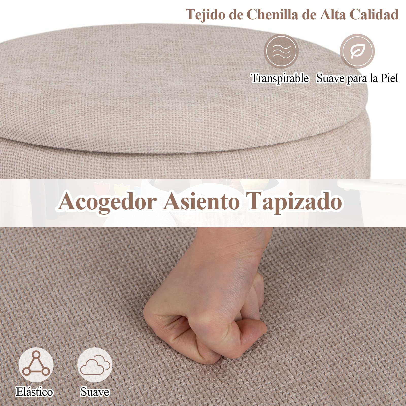 COSTWAY Puff con Almacenaje, 43x46 cm, Taburete de Tocador Redondo con Tapa Extraíble y Base de Madera, Asiento Tapizado, Mesa Ayudante y Reposapiés en uno para Salón, Dormitorio, Carga 150kg, Beige