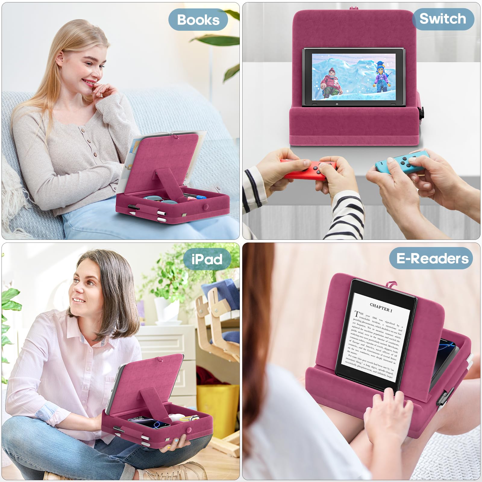 KDD Coussin Support Tablette avec Rangement, Support Tablette Lit Pliable, Support Livre Ouvert pour Lit, Genoux, Bureau, Support Ipad pour iPad Pro 12.9, 10.5, 11, Air, téléphones, Livres, Violet