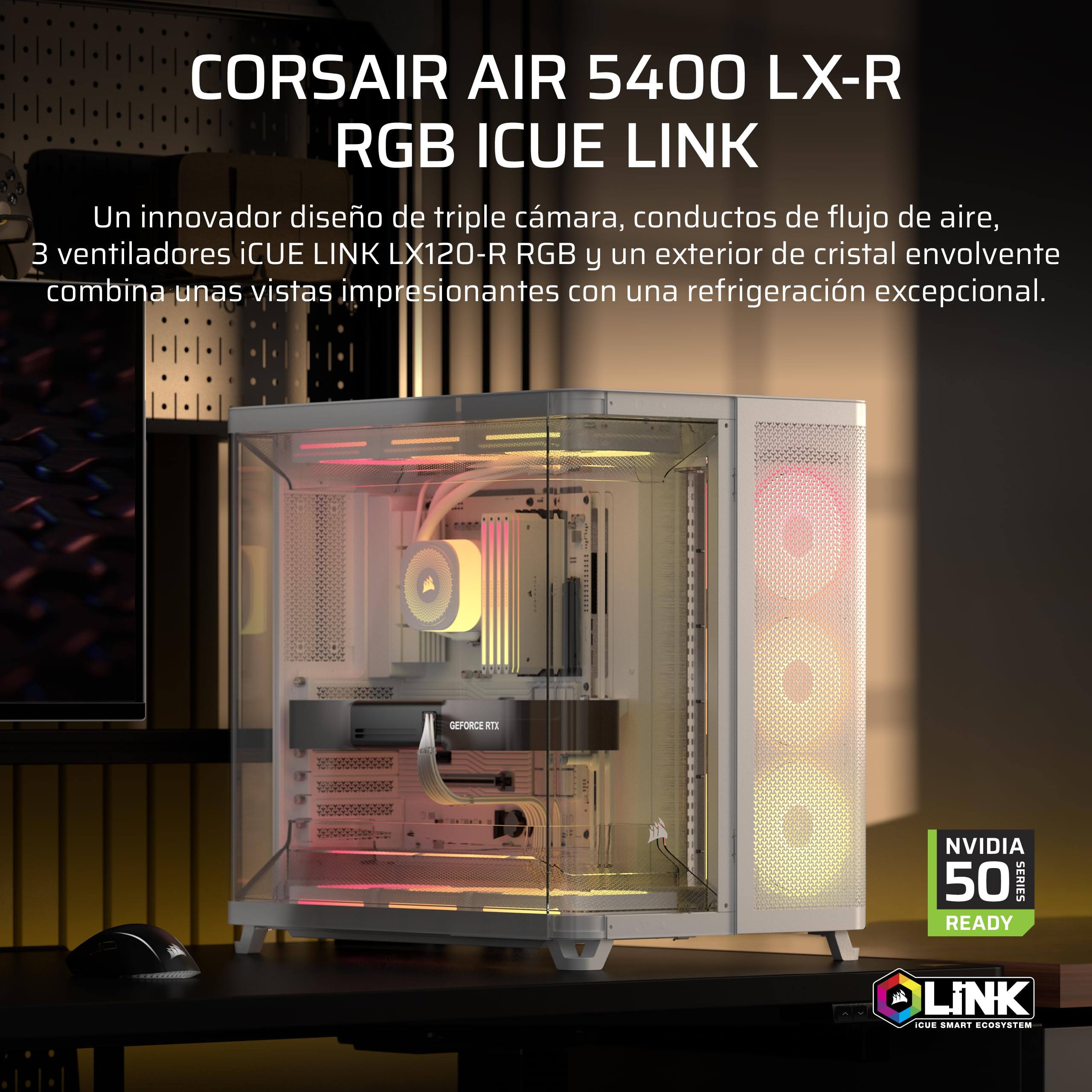 CORSAIR Air 5400 LX-R RGB iCUE Link Caja de PC de Torre Media – Blanco | Diseño de Triple Cámara, Panorámica, 3 Ventiladores LX-R RGB Reverse-Rotor preinstalados
