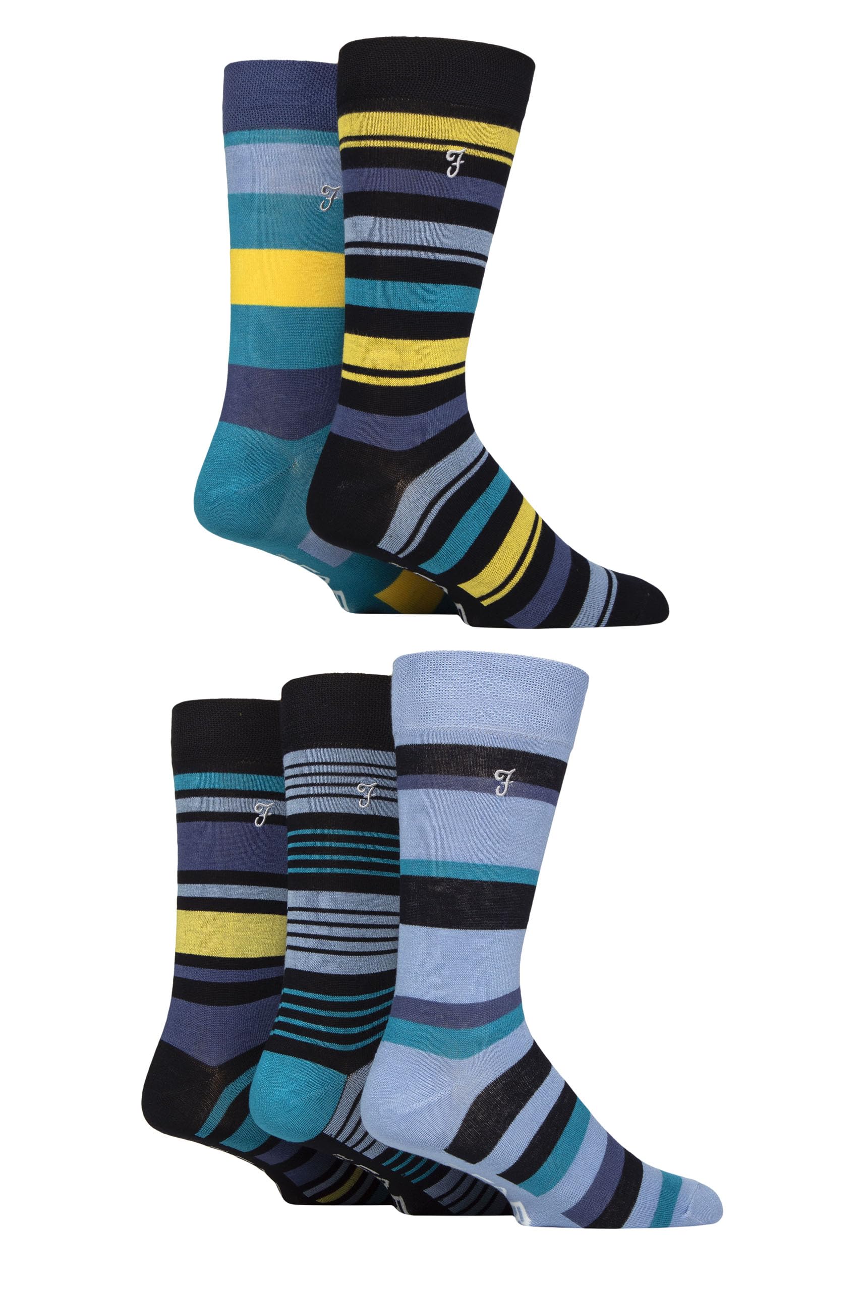 Farah Mens Bamboo Socks Plain and Patterned Striped Argyle Spotty Designs, Bright Colourful, Gift for Him, 5 Pairs - Striped Dark Navy/Yellow/Teal 6-11